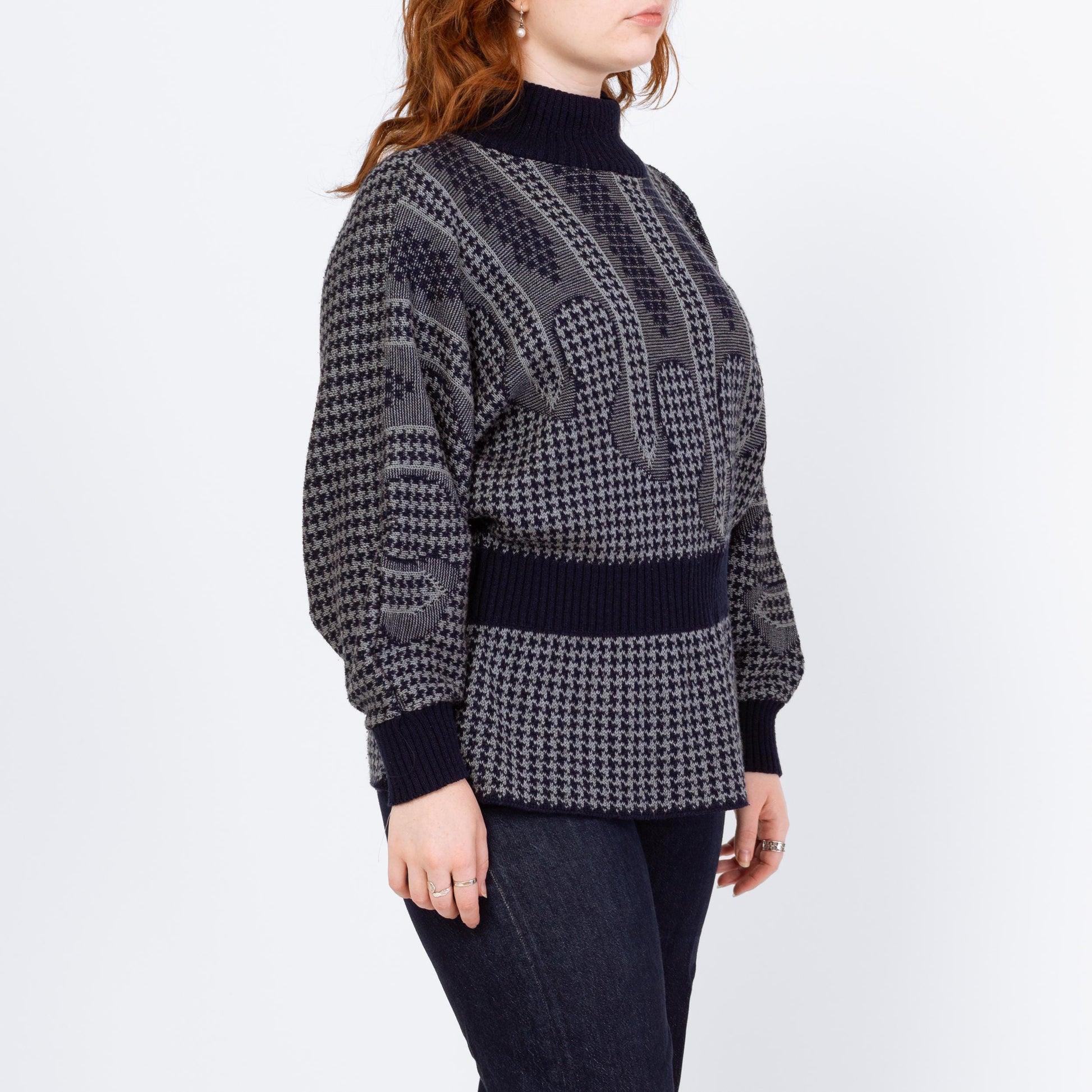 Vintage 80s Chain Mail Knit Batwing Sleeve Novelty Sweater - Extra Large | Navy Blue Grey Houndstooth Fitted Waist Pullover Jumper
