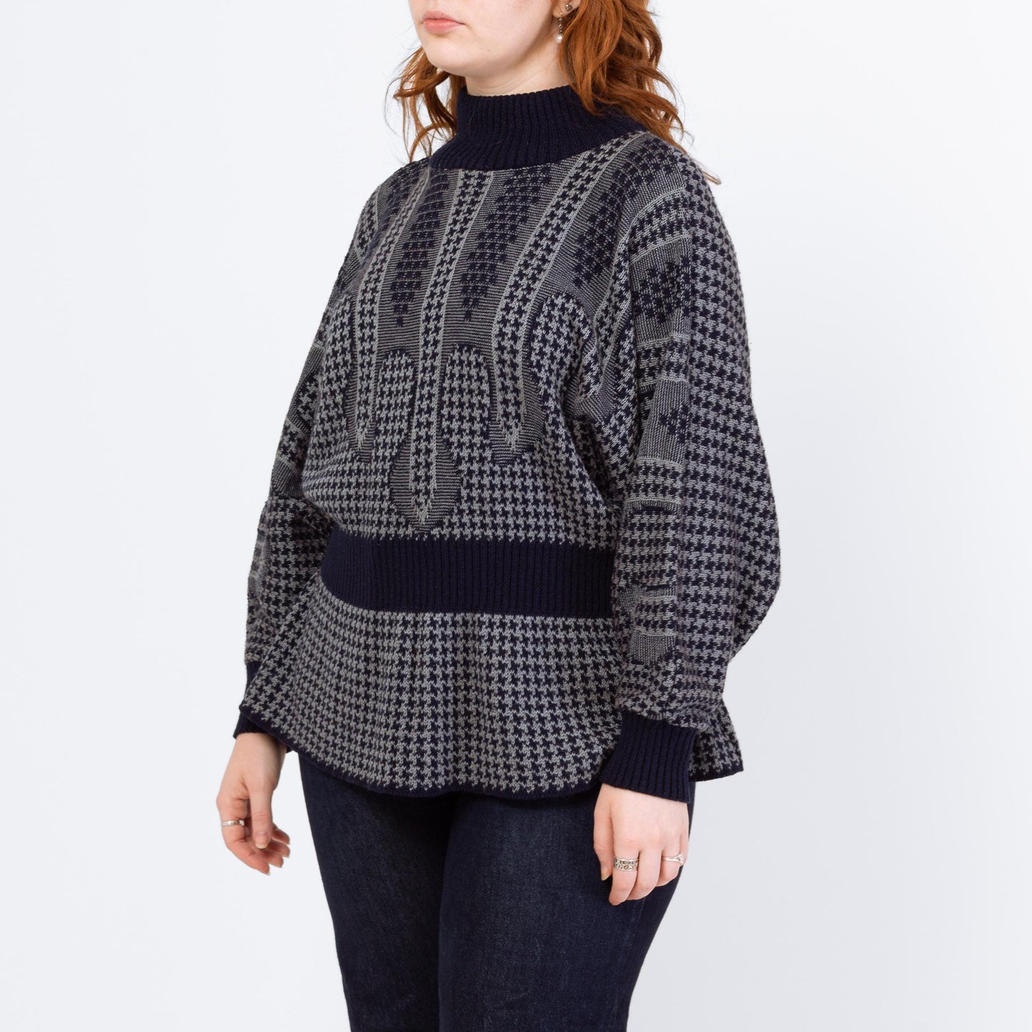 Vintage 80s Chain Mail Knit Batwing Sleeve Novelty Sweater - Extra Large | Navy Blue Grey Houndstooth Fitted Waist Pullover Jumper