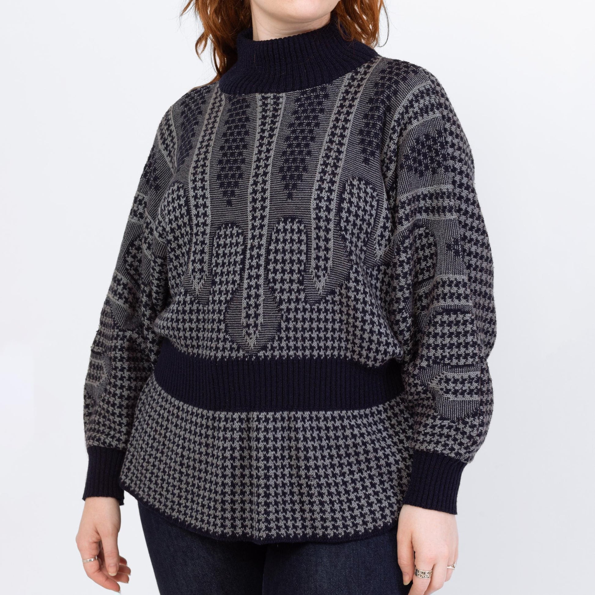 Vintage 80s Chain Mail Knit Batwing Sleeve Novelty Sweater - Extra Large | Navy Blue Grey Houndstooth Fitted Waist Pullover Jumper