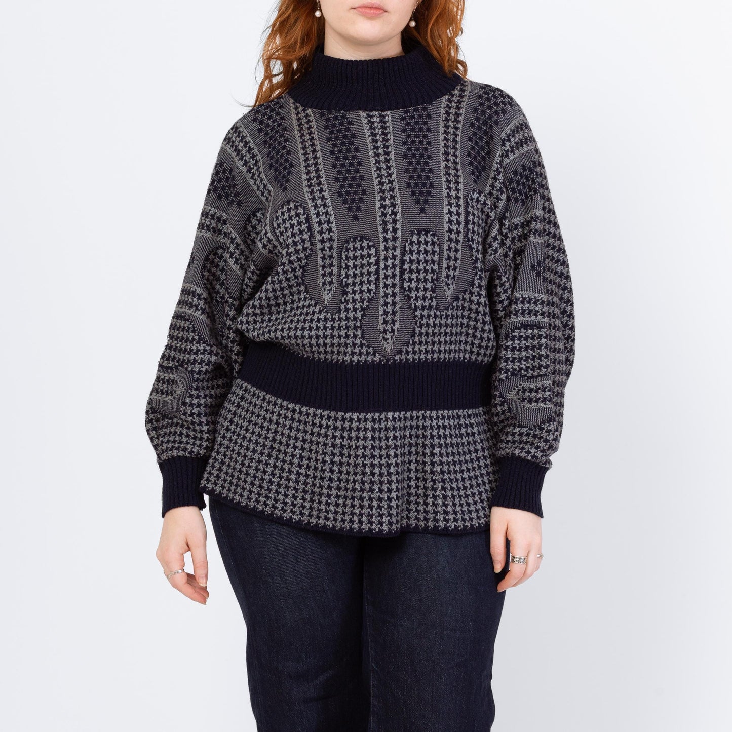 Vintage 80s Chain Mail Knit Batwing Sleeve Novelty Sweater - Extra Large | Navy Blue Grey Houndstooth Fitted Waist Pullover Jumper