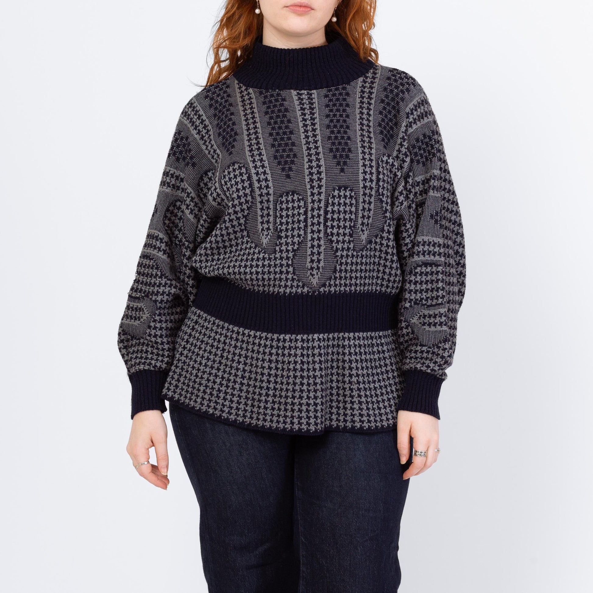 Vintage 80s Chain Mail Knit Batwing Sleeve Novelty Sweater - Extra Large | Navy Blue Grey Houndstooth Fitted Waist Pullover Jumper