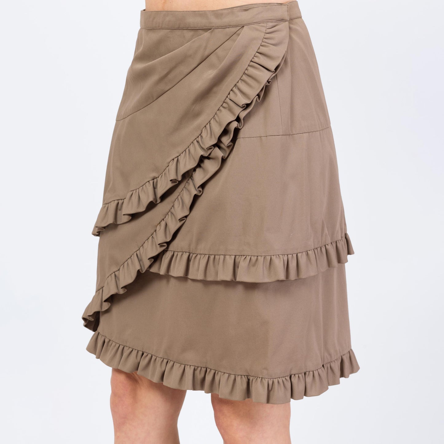 Vintage 90s Jacqueline de Ribes Paris Asymmetric Mini Wrap Skirt - Medium, 30" Waist | Designer Taupe Ruffled Mid Rise Miniskirt