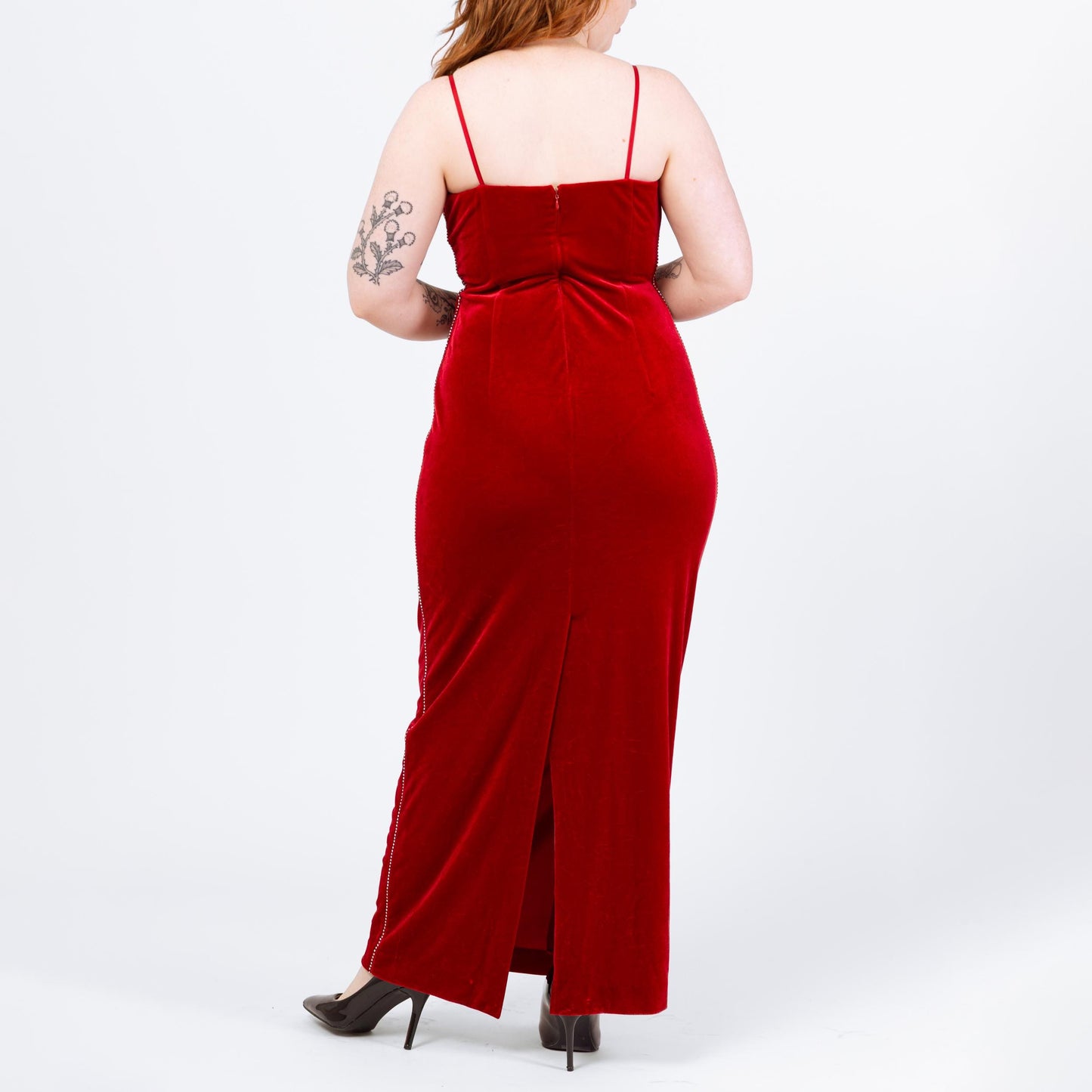 Vintage 90s Red Velvet Jeweled Trim Gown - Medium | Spaghetti Strap Formal Maxi Party Dress