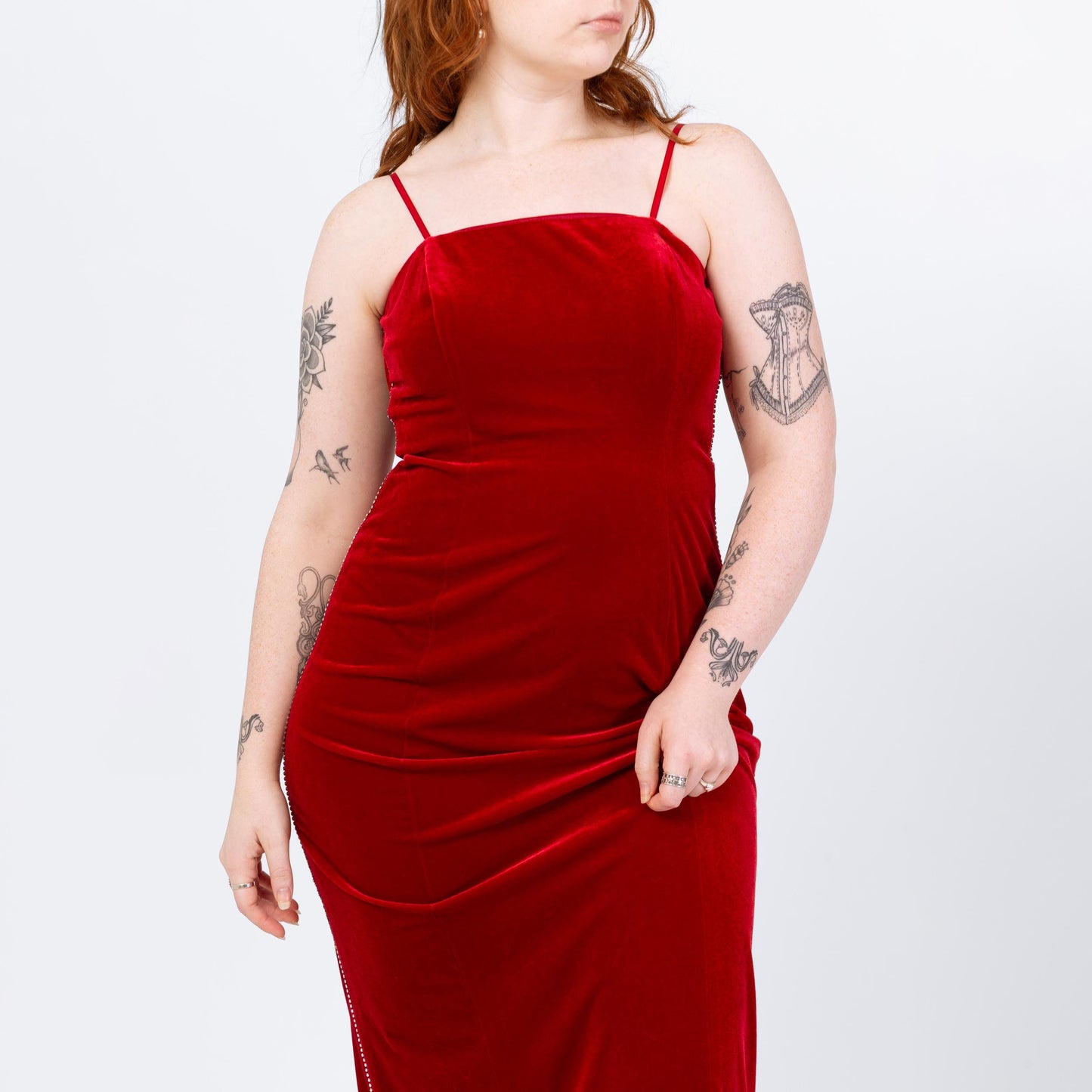 Vintage 90s Red Velvet Jeweled Trim Gown - Medium | Spaghetti Strap Formal Maxi Party Dress