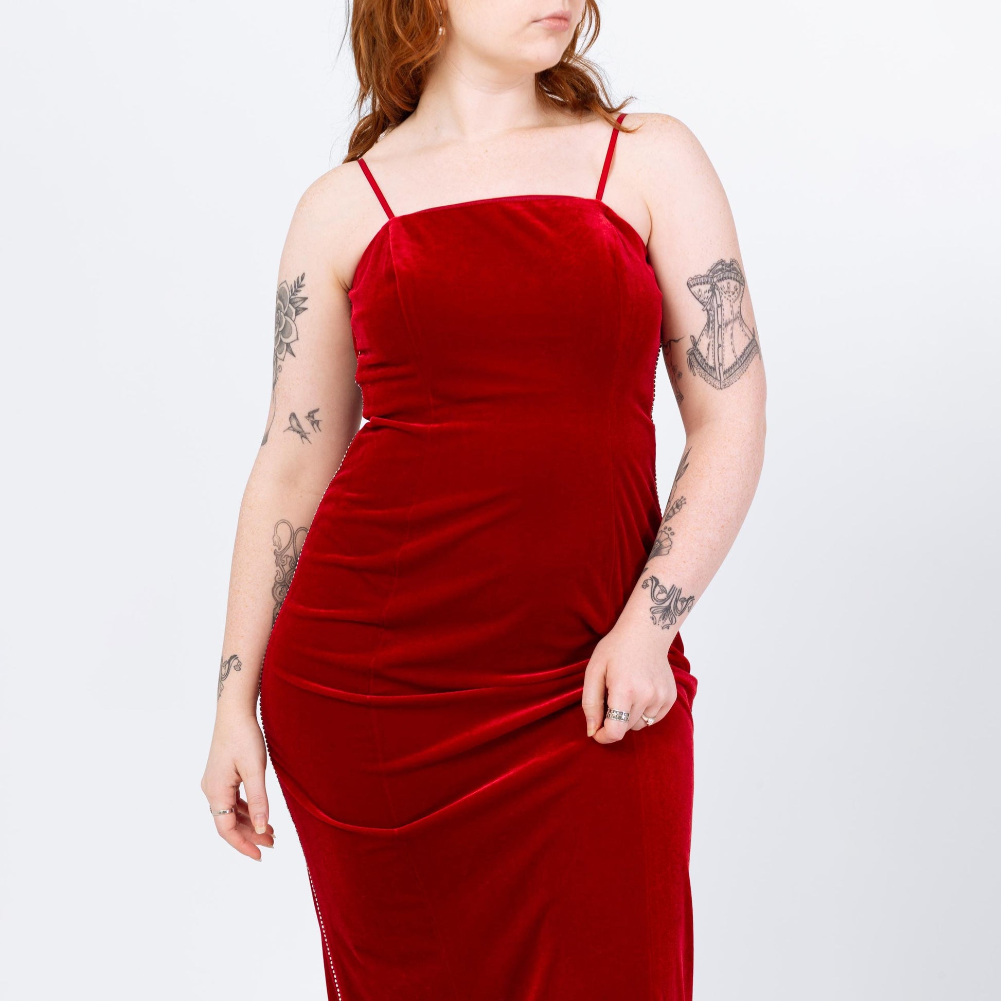 Vintage 90s Red Velvet Jeweled Trim Gown - Medium | Spaghetti Strap Formal Maxi Party Dress