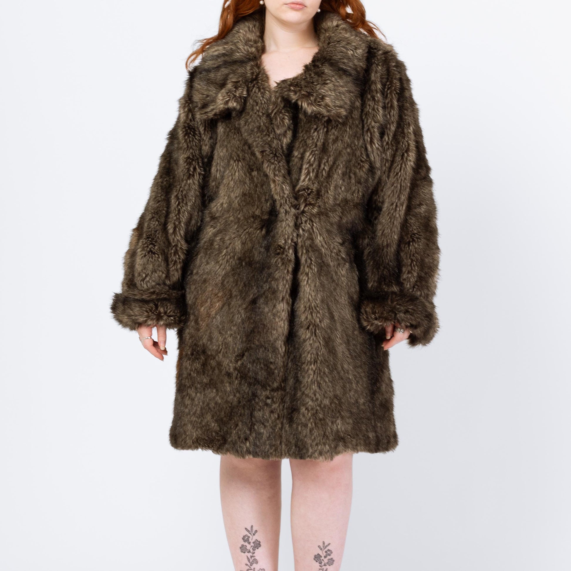 Vintage 80s Brown Faux Fur Batwing Sleeve Coat - Medium | Glam Mid Length Winter Jacket