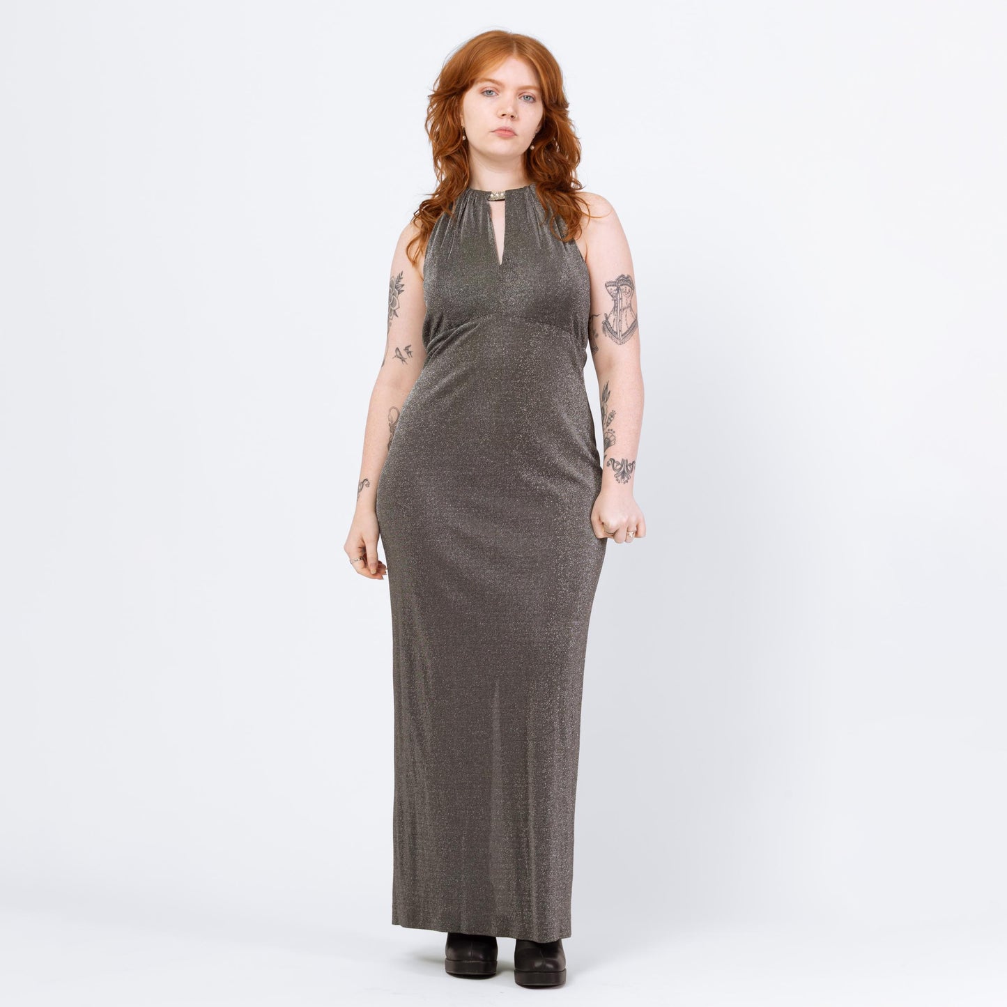 Vintage 90s Silver Metallic Jeweled Halter Neck Gown - Medium to Large | Keyhole Formal Maxi Party Dress