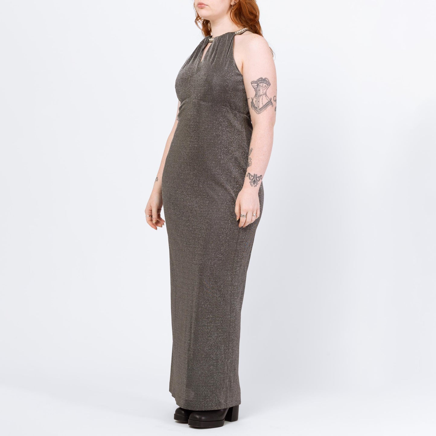 Vintage 90s Silver Metallic Jeweled Halter Neck Gown - Medium to Large | Keyhole Formal Maxi Party Dress
