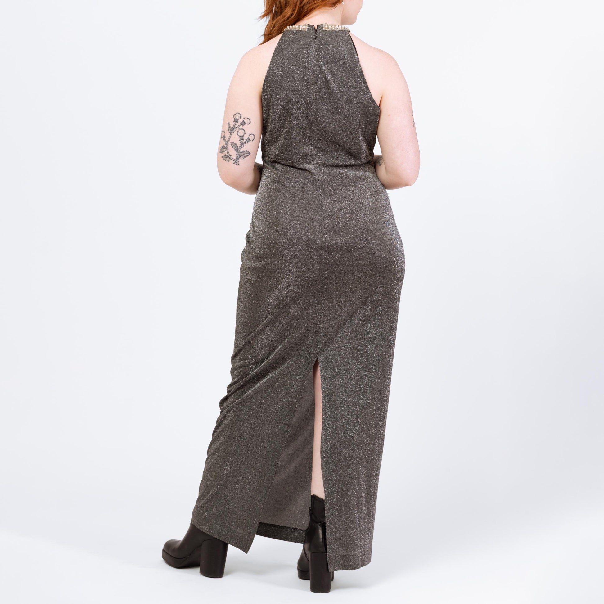 Vintage 90s Silver Metallic Jeweled Halter Neck Gown - Medium to Large | Keyhole Formal Maxi Party Dress