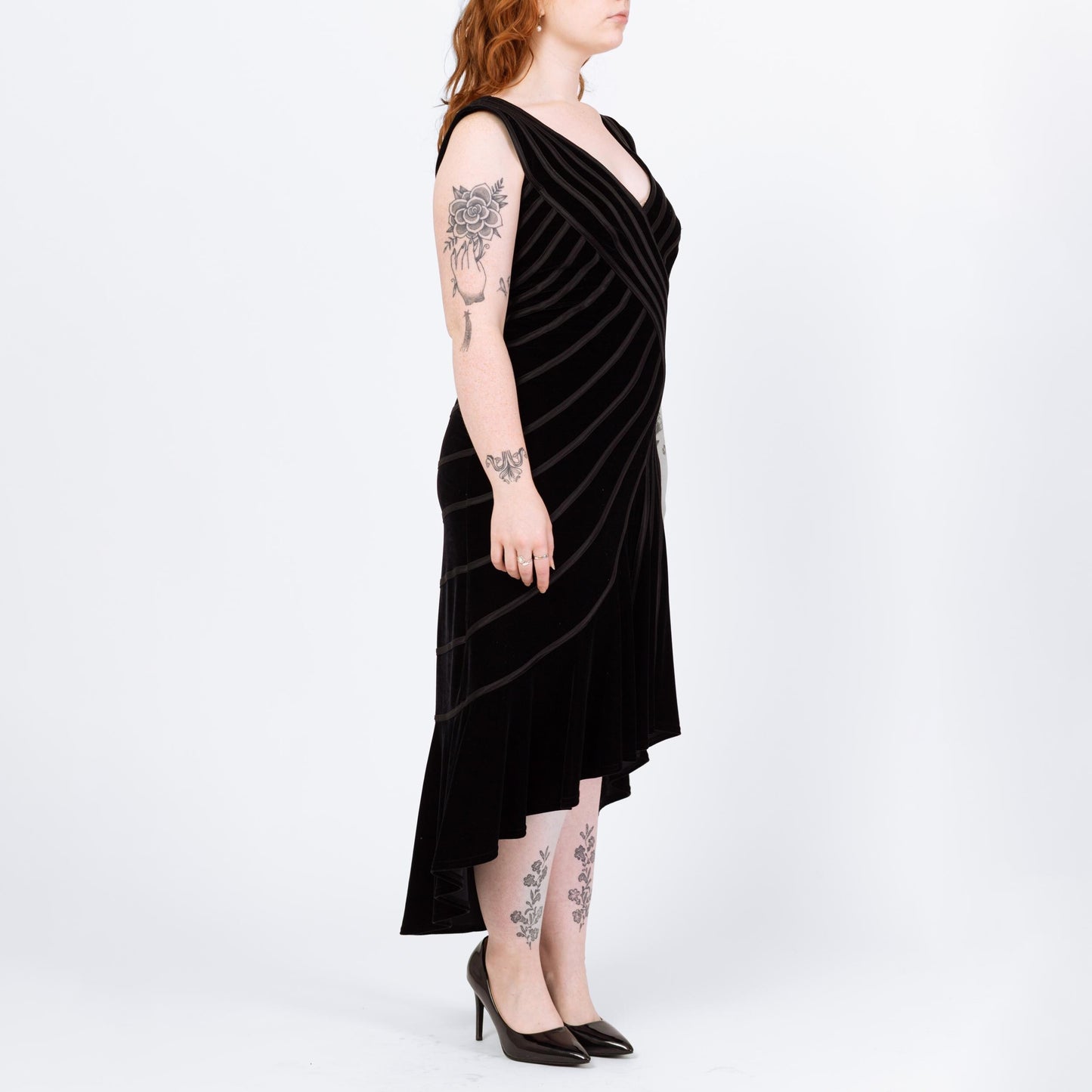 Vintage 90s Tadashi Black Velvet Ribbon Trim Mermaid Dress - Medium | Designer High Low Hem Maxi Evening Gown