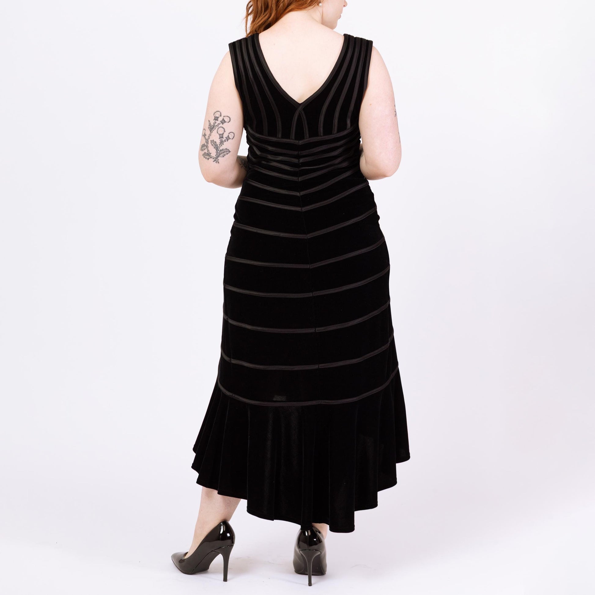 Vintage 90s Tadashi Black Velvet Ribbon Trim Mermaid Dress - Medium | Designer High Low Hem Maxi Evening Gown