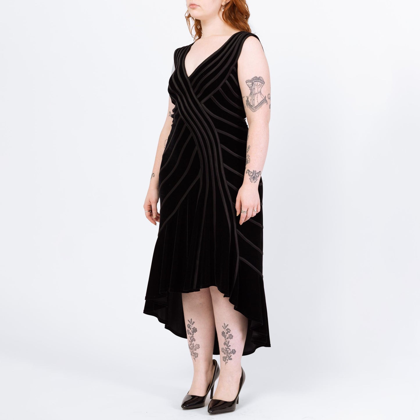 Vintage 90s Tadashi Black Velvet Ribbon Trim Mermaid Dress - Medium | Designer High Low Hem Maxi Evening Gown