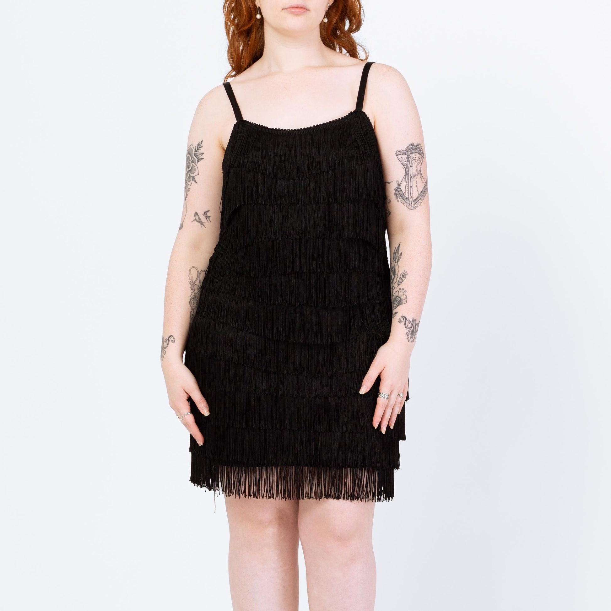 Vintage 90s Black Fringe Flapper Mini Dress - Large | Retro 1920s Great Gatsby Costume, Spaghetti Strap Party Dress