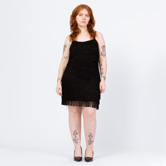 Vintage 90s Black Fringe Flapper Mini Dress - Large | Retro 1920s Great Gatsby Costume, Spaghetti Strap Party Dress