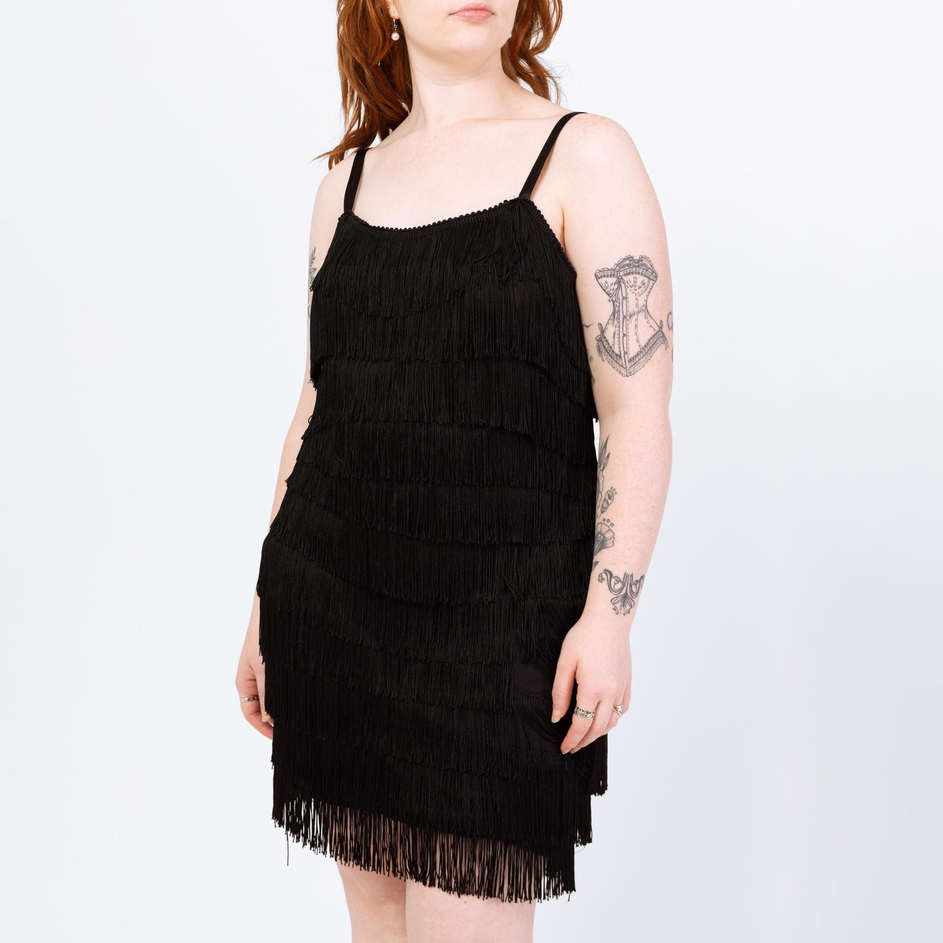 Vintage 90s Black Fringe Flapper Mini Dress - Large | Retro 1920s Great Gatsby Costume, Spaghetti Strap Party Dress