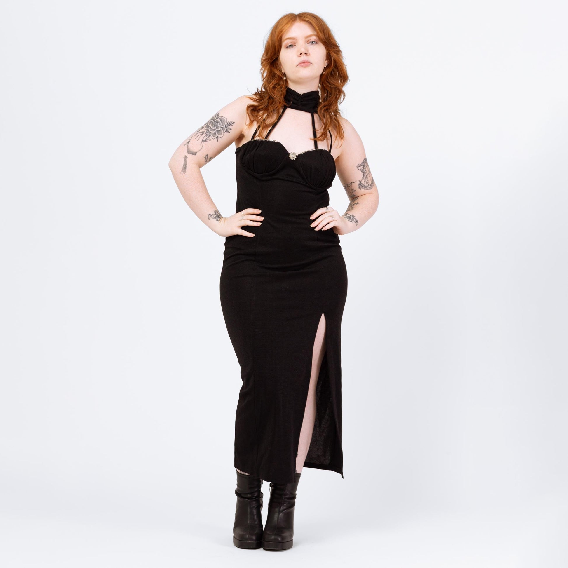 Vintage 90s Black Cage Neck Maxi Dress - Large | Sexy Strappy Collar Formal Party Evening Gown