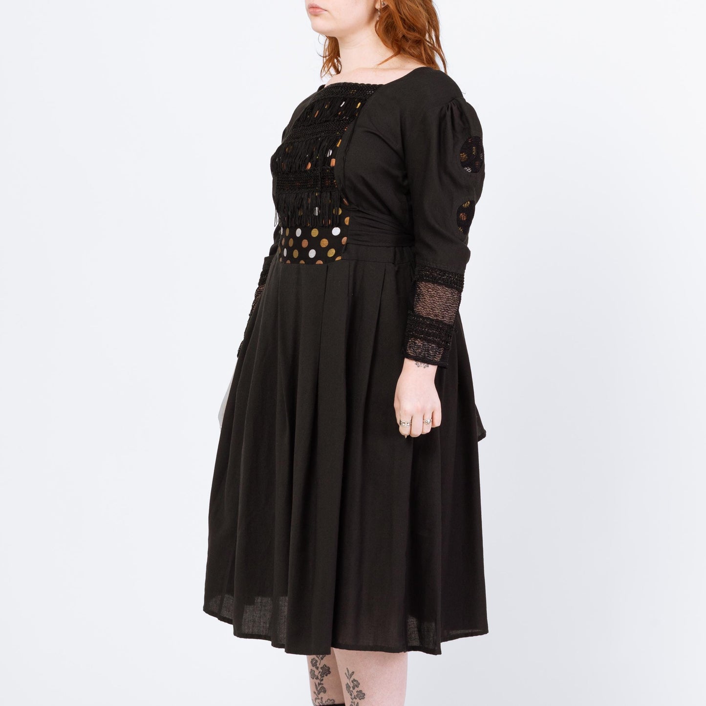 Vintage Black Polka Dot & Fringe Folk Dress - Large | 80s Boho Long Puff Sleeve Lace Trim Midi Dress