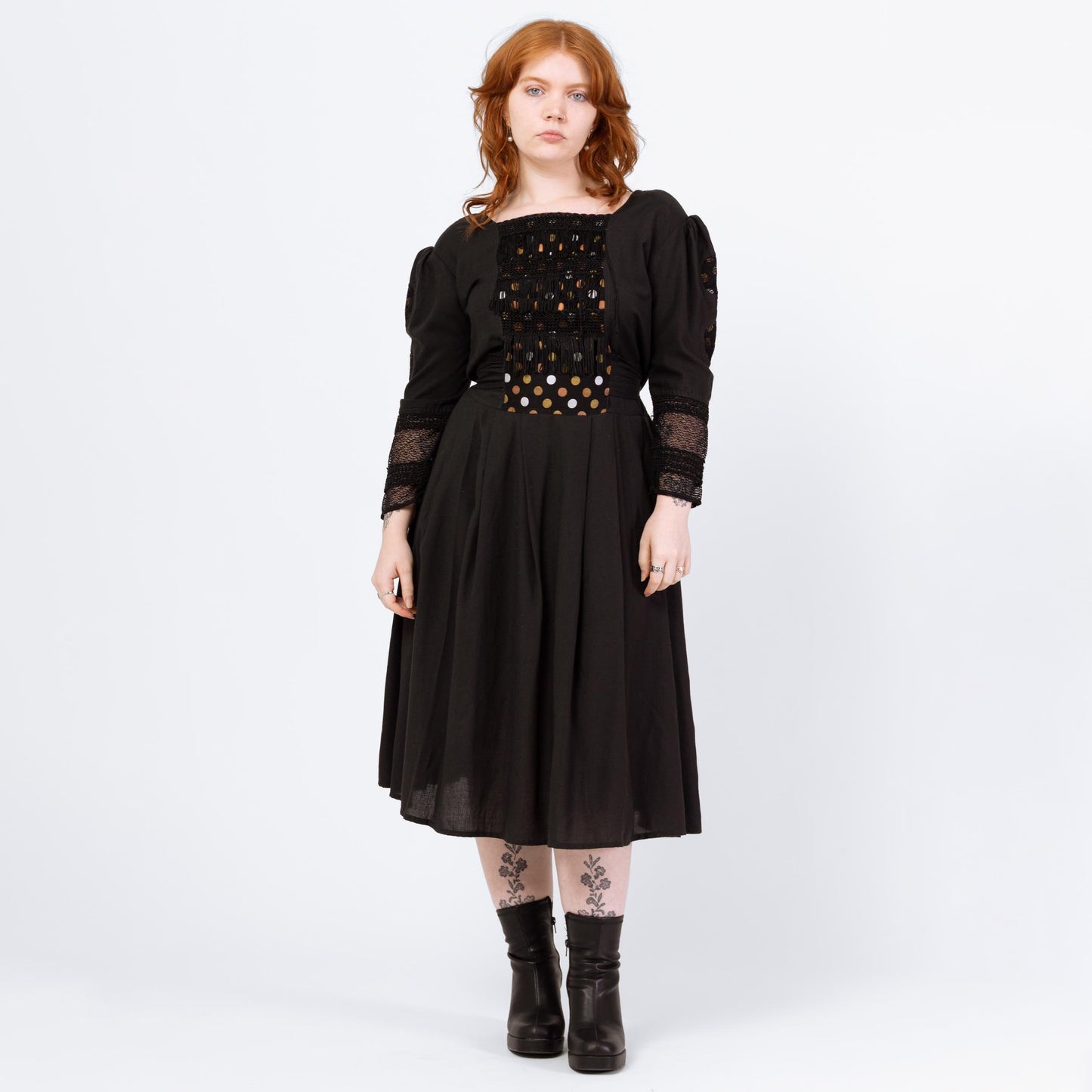 Vintage Black Polka Dot & Fringe Folk Dress - Large | 80s Boho Long Puff Sleeve Lace Trim Midi Dress
