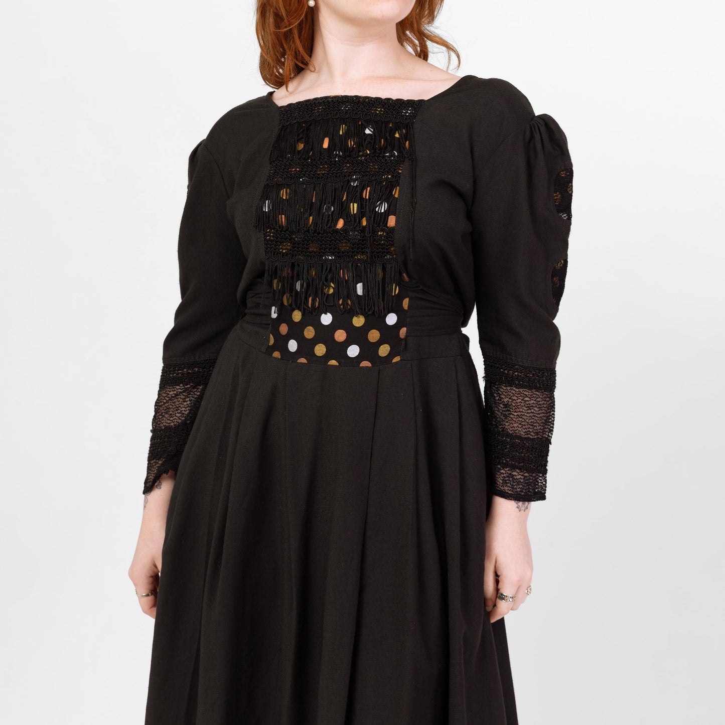 Vintage Black Polka Dot & Fringe Folk Dress - Large | 80s Boho Long Puff Sleeve Lace Trim Midi Dress