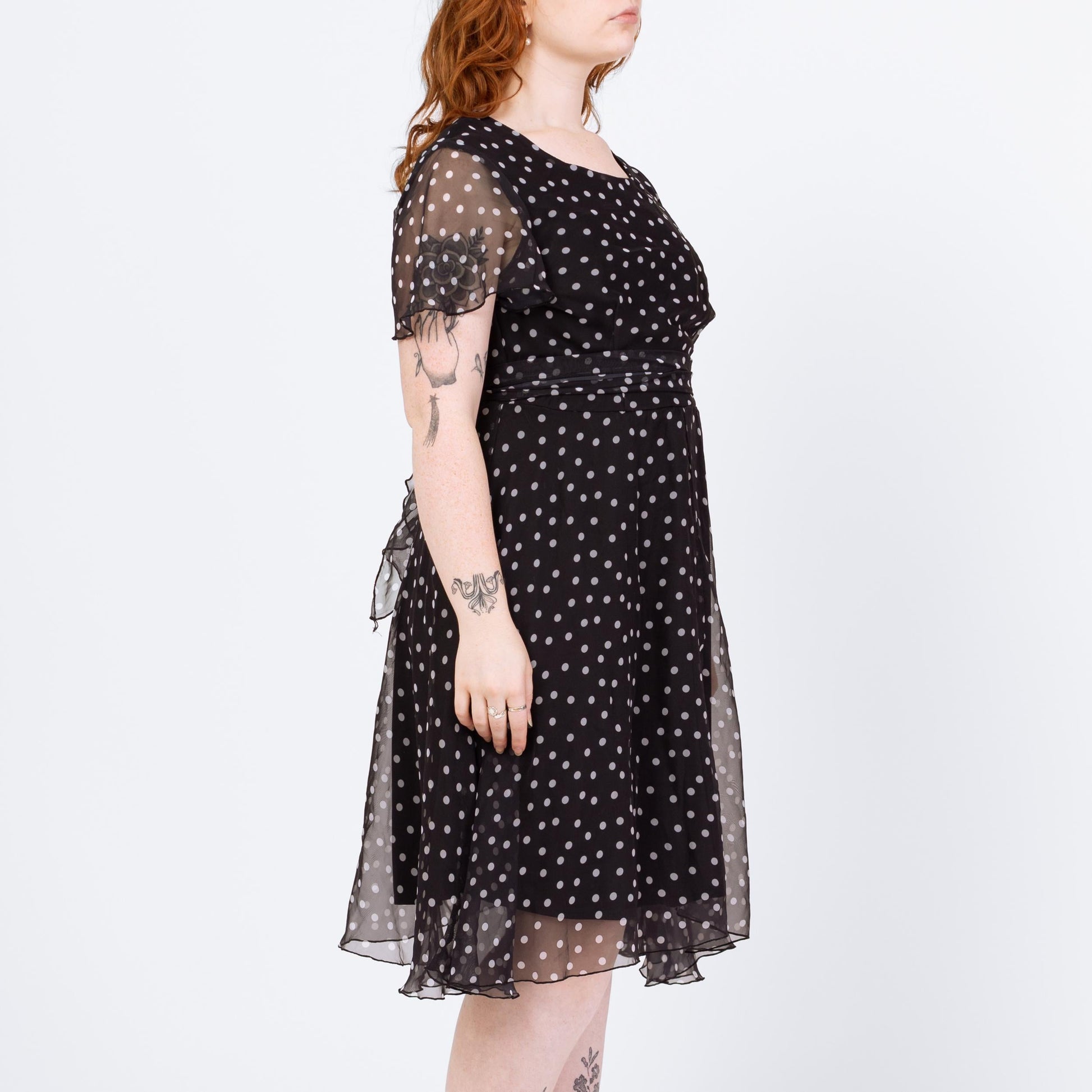 Vintage 90s Black & White Polka Dot Midi Dress - Large | Flutter Sleeve Fit Flare Sheer Overlay Party Dress
