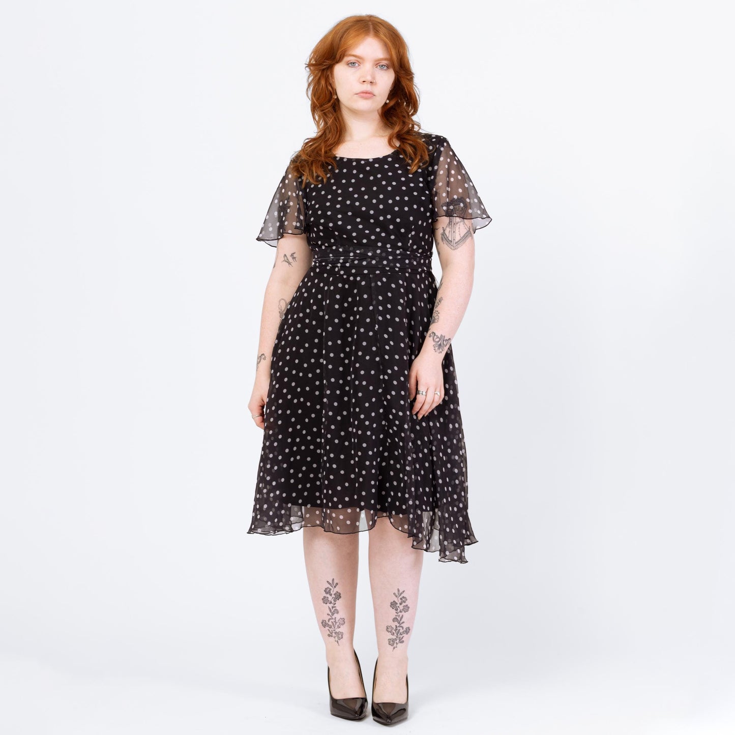Vintage 90s Black & White Polka Dot Midi Dress - Large | Flutter Sleeve Fit Flare Sheer Overlay Party Dress