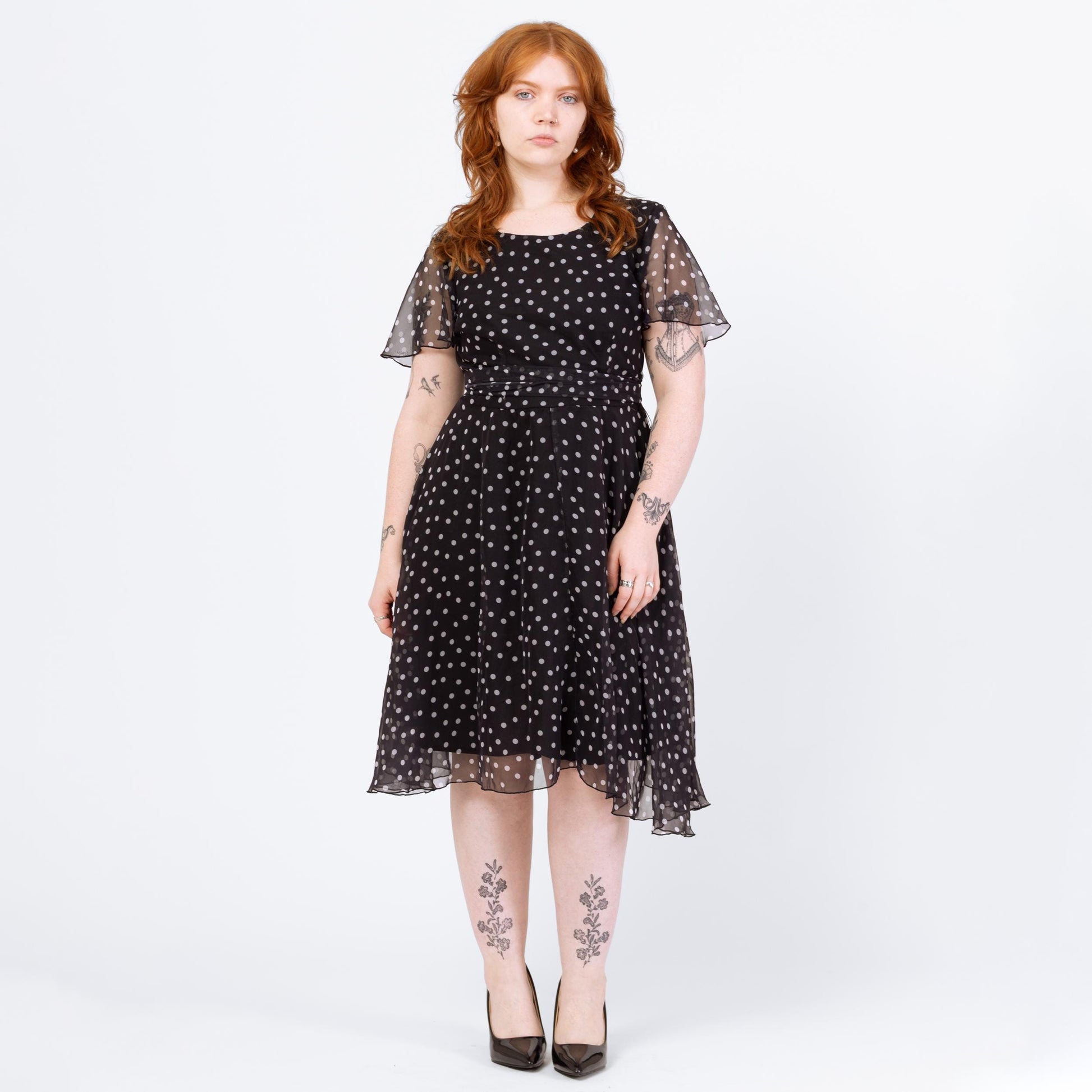 Vintage 90s Black & White Polka Dot Midi Dress - Large | Flutter Sleeve Fit Flare Sheer Overlay Party Dress