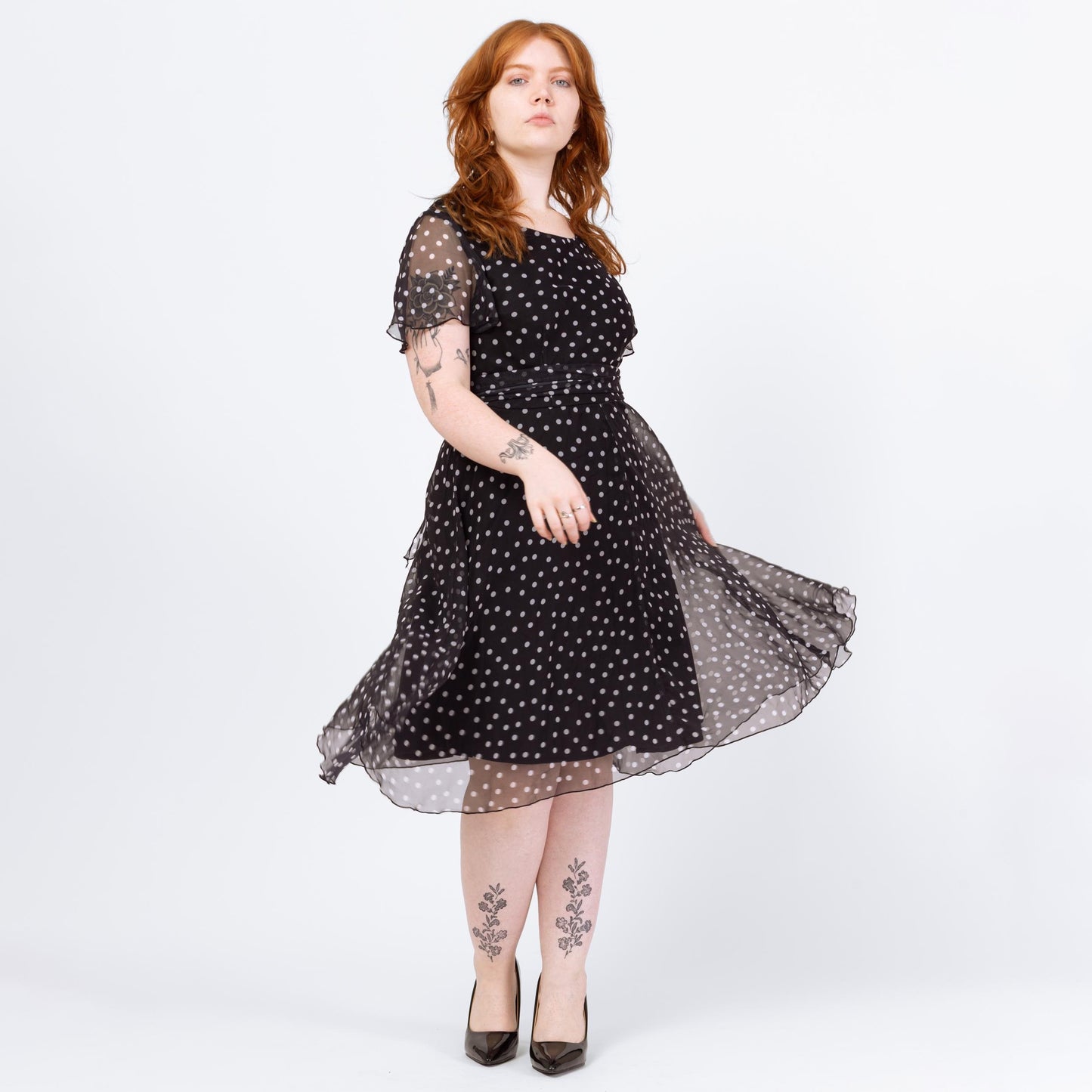 Vintage 90s Black & White Polka Dot Midi Dress - Large | Flutter Sleeve Fit Flare Sheer Overlay Party Dress