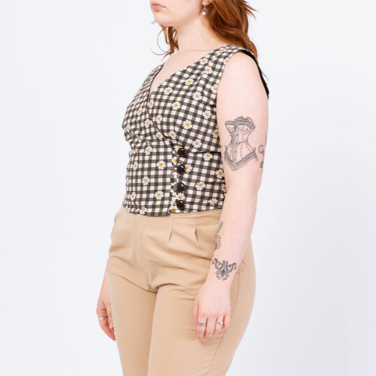 Vintage Gingham & Daisy Print Wrap Top - Medium | 80s 90s Black White Floral Sleeveless Cropped Blouse