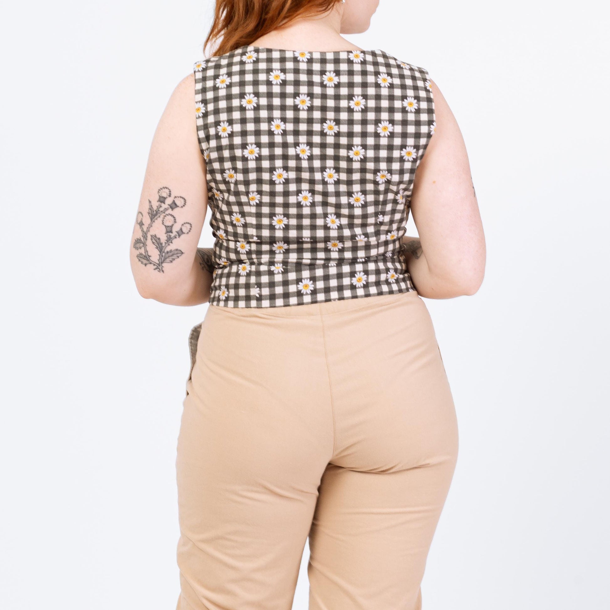 Vintage Gingham & Daisy Print Wrap Top - Medium | 80s 90s Black White Floral Sleeveless Cropped Blouse