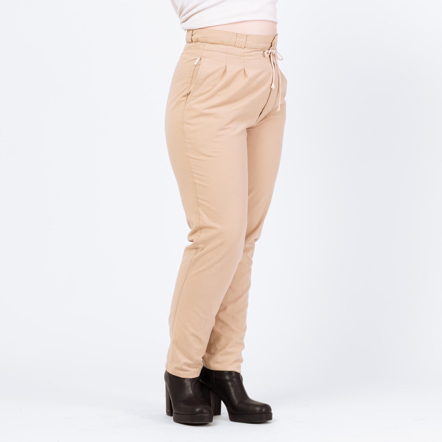 Vintage 90s Khaki Drawstring Pants - Large, 32" Waist | Pleated Paper Bag Tapered Leg Cotton Trousers