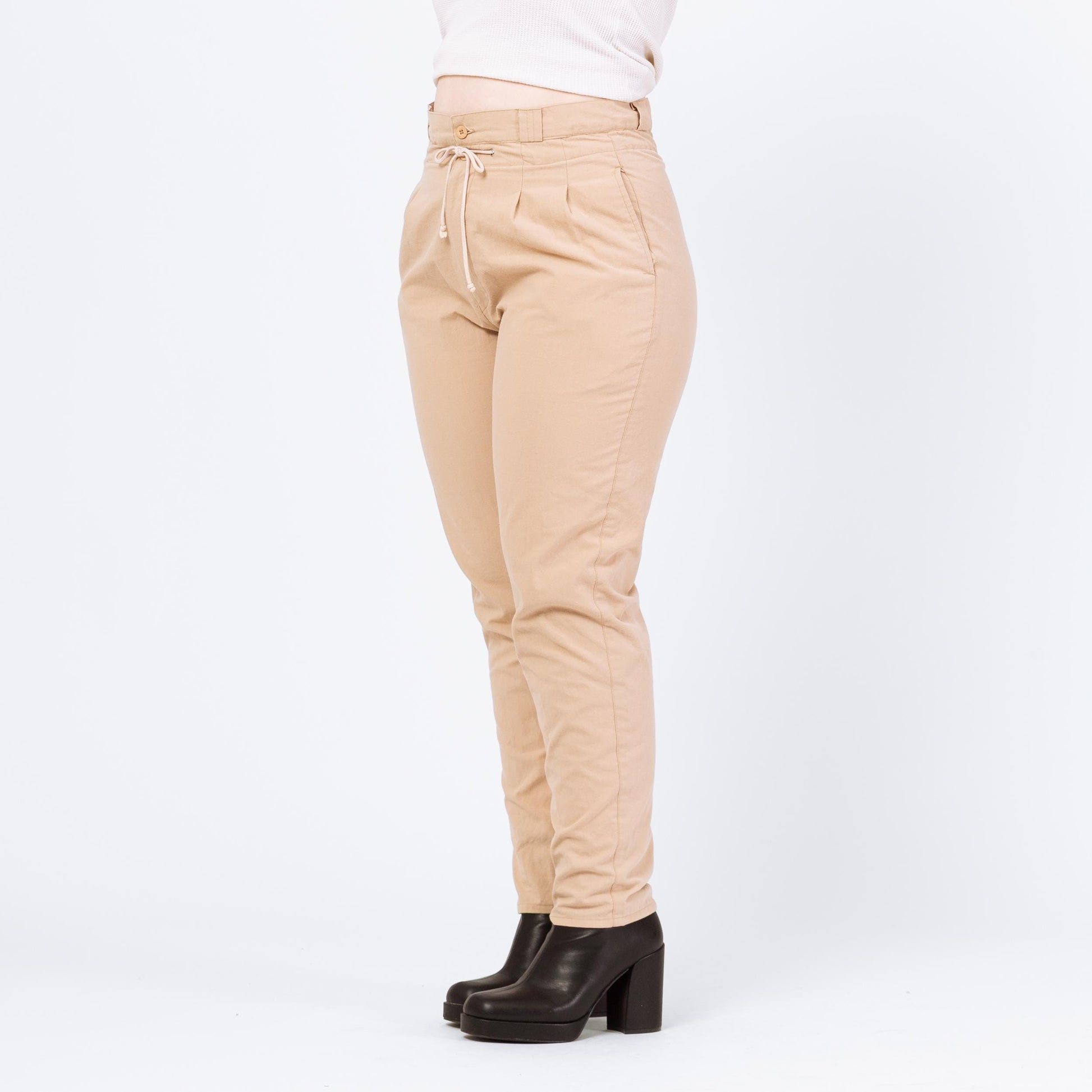 Vintage 90s Khaki Drawstring Pants - Large, 32" Waist | Pleated Paper Bag Tapered Leg Cotton Trousers