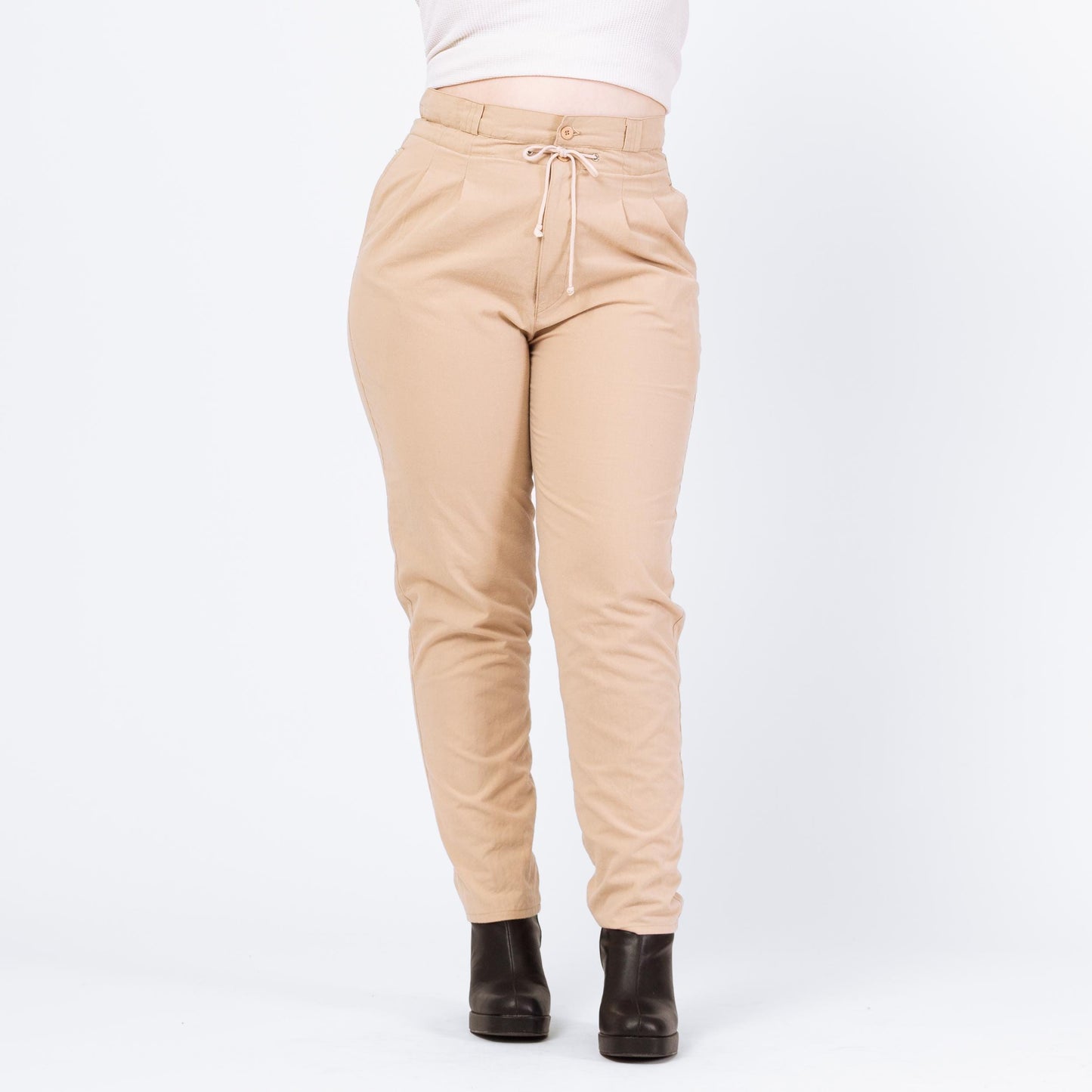 Vintage 90s Khaki Drawstring Pants - Large, 32" Waist | Pleated Paper Bag Tapered Leg Cotton Trousers