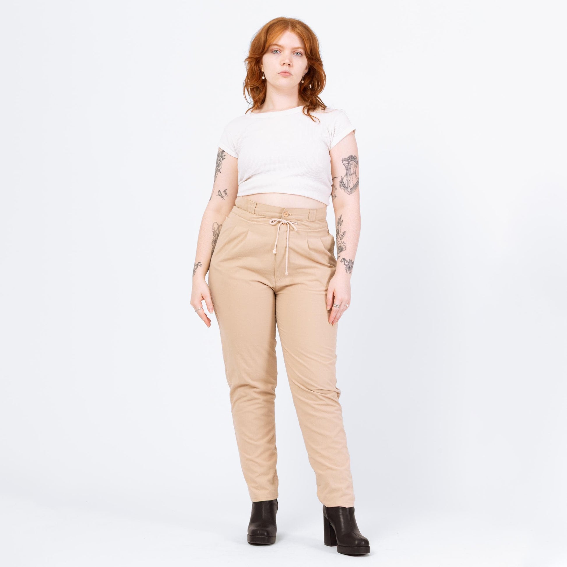 Vintage 90s Khaki Drawstring Pants - Large, 32" Waist | Pleated Paper Bag Tapered Leg Cotton Trousers