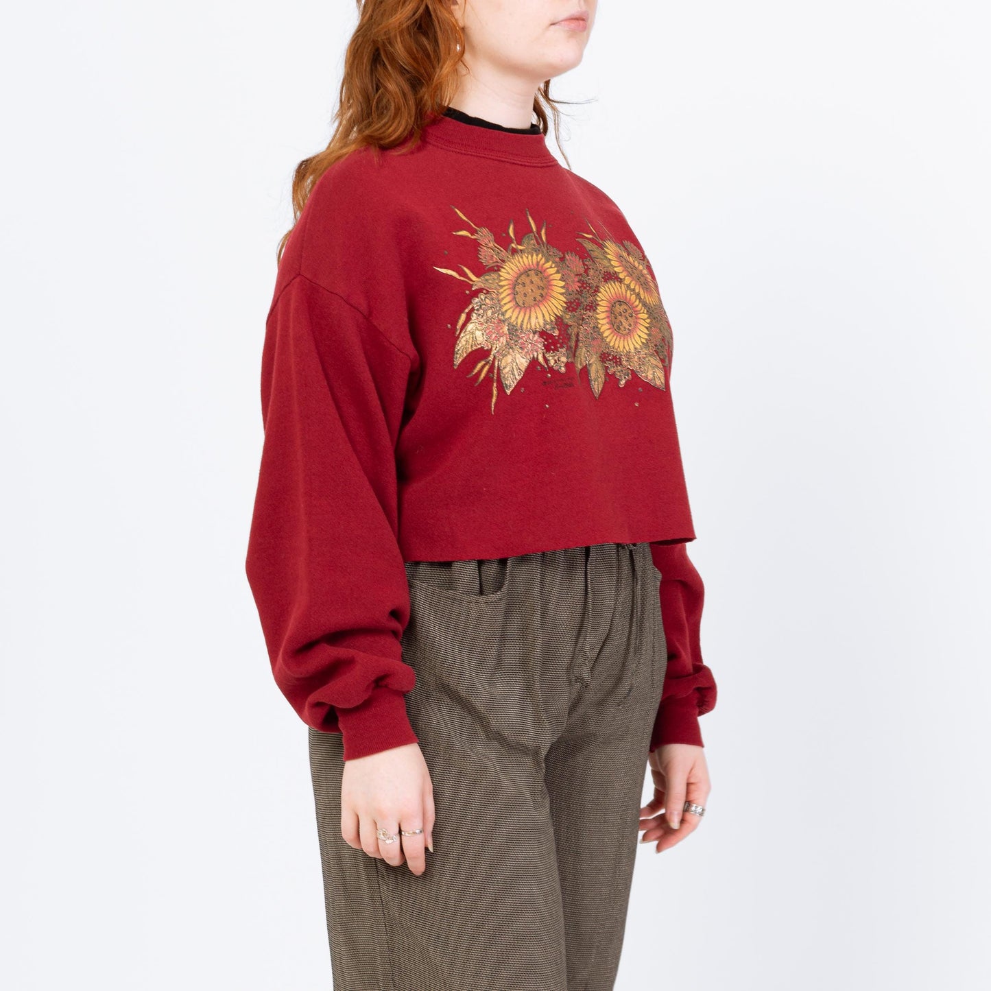 Vintage 90s Sunflower Cropped Sweatshirt - Large | Wine Red Floral Mockneck Collar Pullover Crop Top