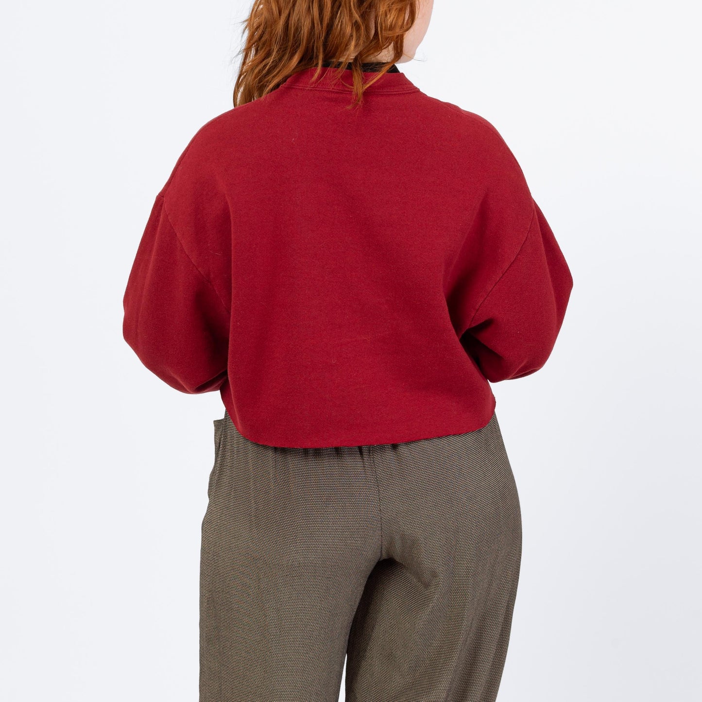 Vintage 90s Sunflower Cropped Sweatshirt - Large | Wine Red Floral Mockneck Collar Pullover Crop Top