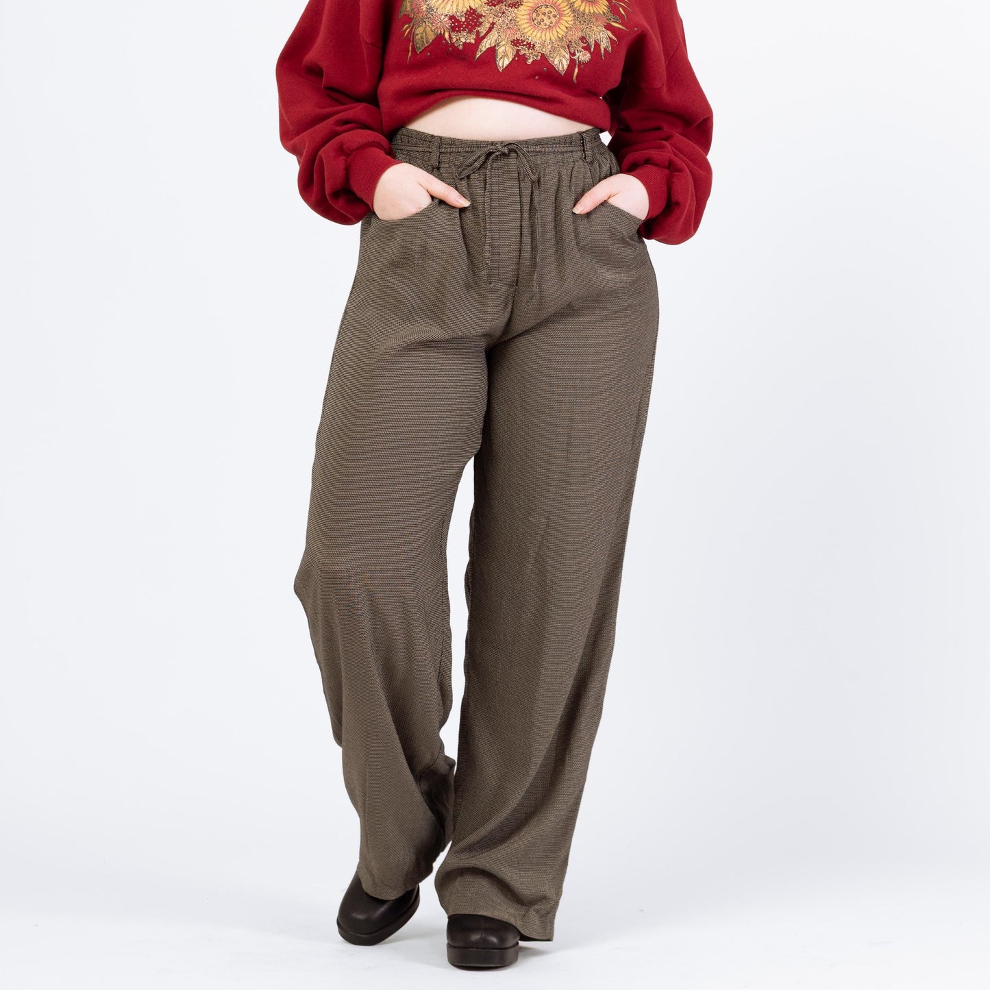 Vintage 90s Two Tone Woven Lounge Pants - Large | Boho Elastic Tie Waist Casual Trousers