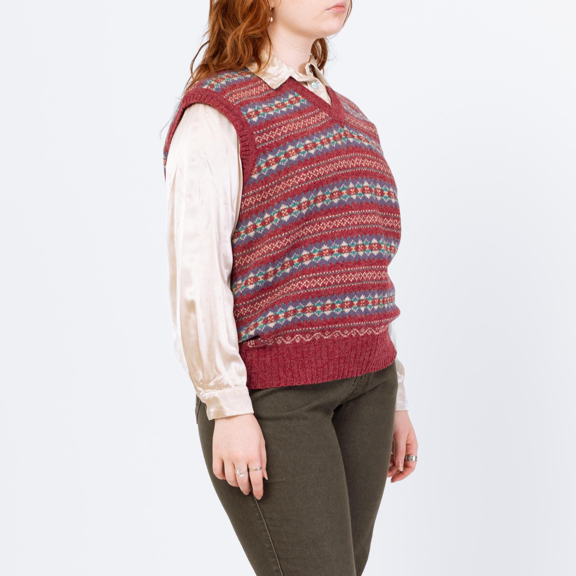 Vintage 80s Red Fair Isle Wool Sweater Vest - Large | Preppy Striped Knit Sleeveless V Neck Sweater
