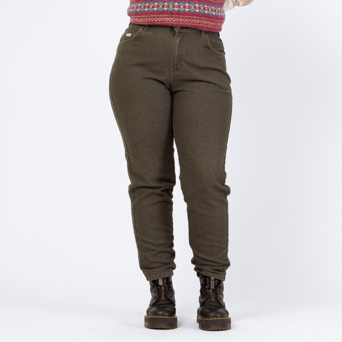 Vintage 90s Lee Dark Olive Green Jeans - Medium to Large, 30.5" Waist | High Waisted Stretch Denim Tapered Leg Mom Jeans