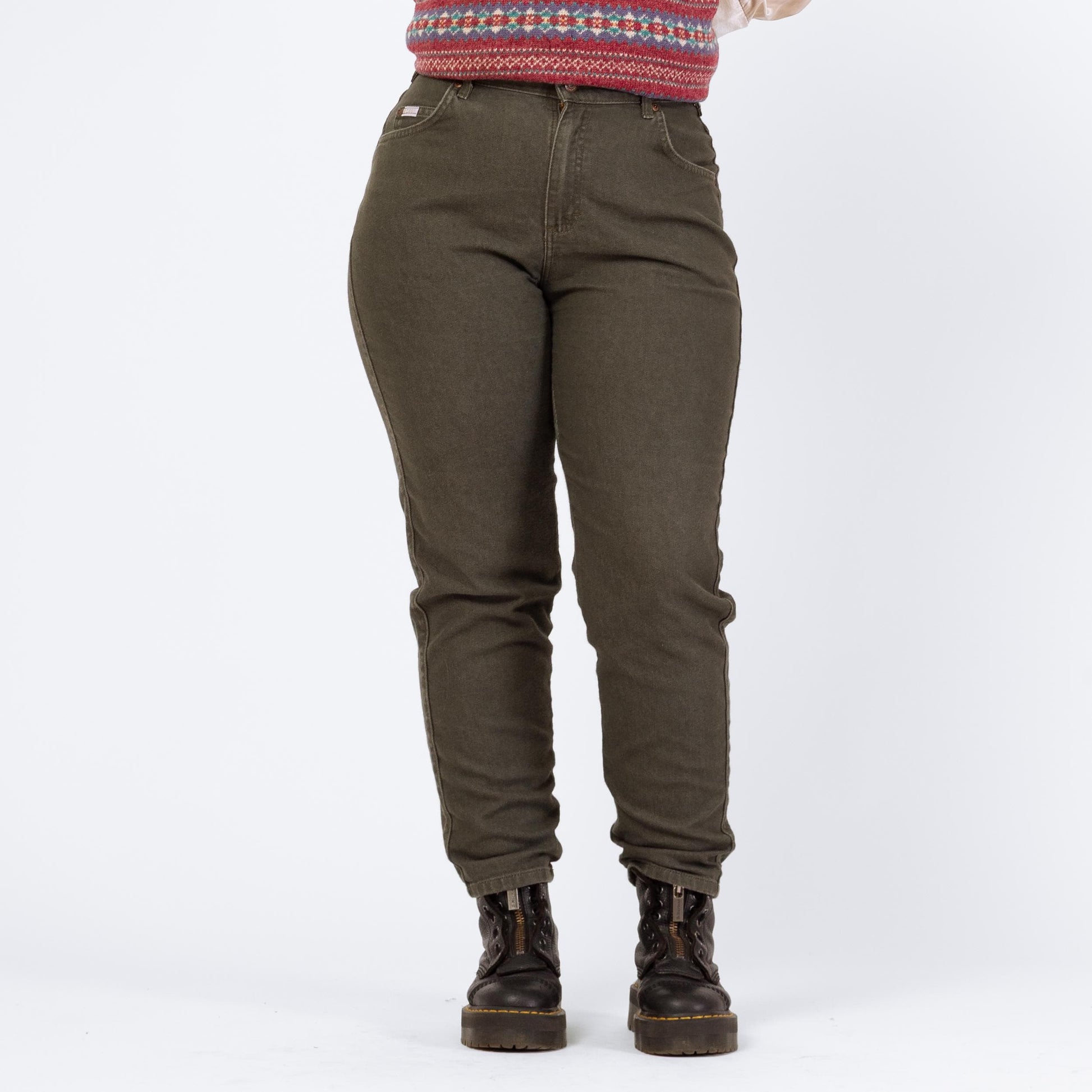 Vintage 90s Lee Dark Olive Green Jeans - Medium to Large, 30.5" Waist | High Waisted Stretch Denim Tapered Leg Mom Jeans