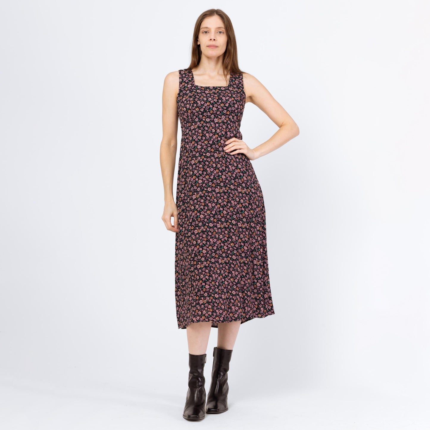 Vintage 90s Purple Ditsy Floral Babydoll Midi Dress - Small | Boho Square Neck Sleeveless Grunge Dress