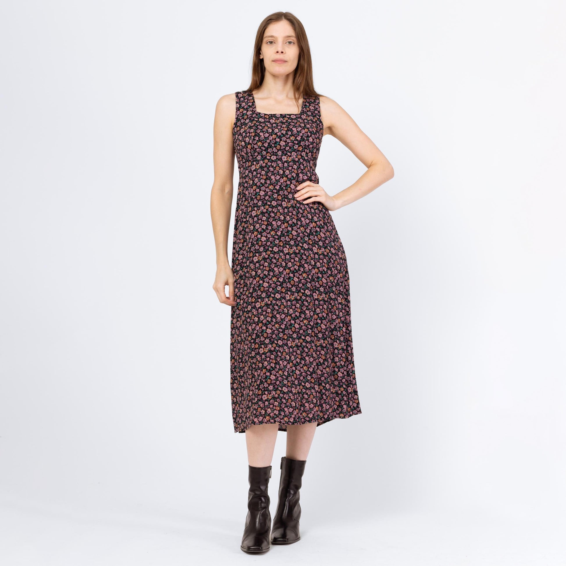 Vintage 90s Purple Ditsy Floral Babydoll Midi Dress - Small | Boho Square Neck Sleeveless Grunge Dress