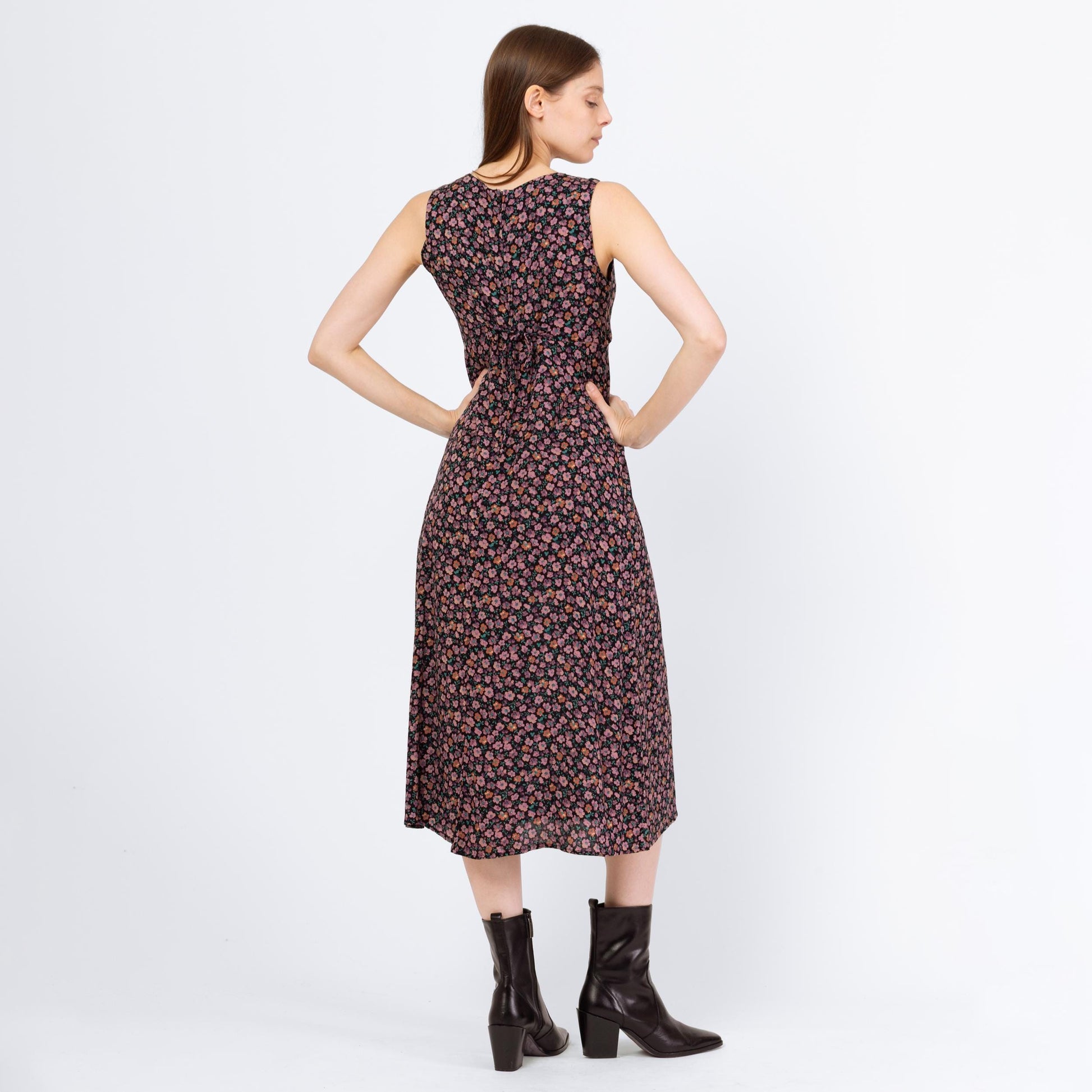 Vintage 90s Purple Ditsy Floral Babydoll Midi Dress - Small | Boho Square Neck Sleeveless Grunge Dress