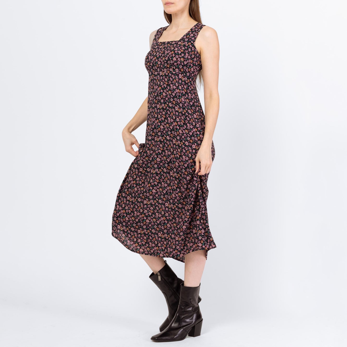 Vintage 90s Purple Ditsy Floral Babydoll Midi Dress - Small | Boho Square Neck Sleeveless Grunge Dress