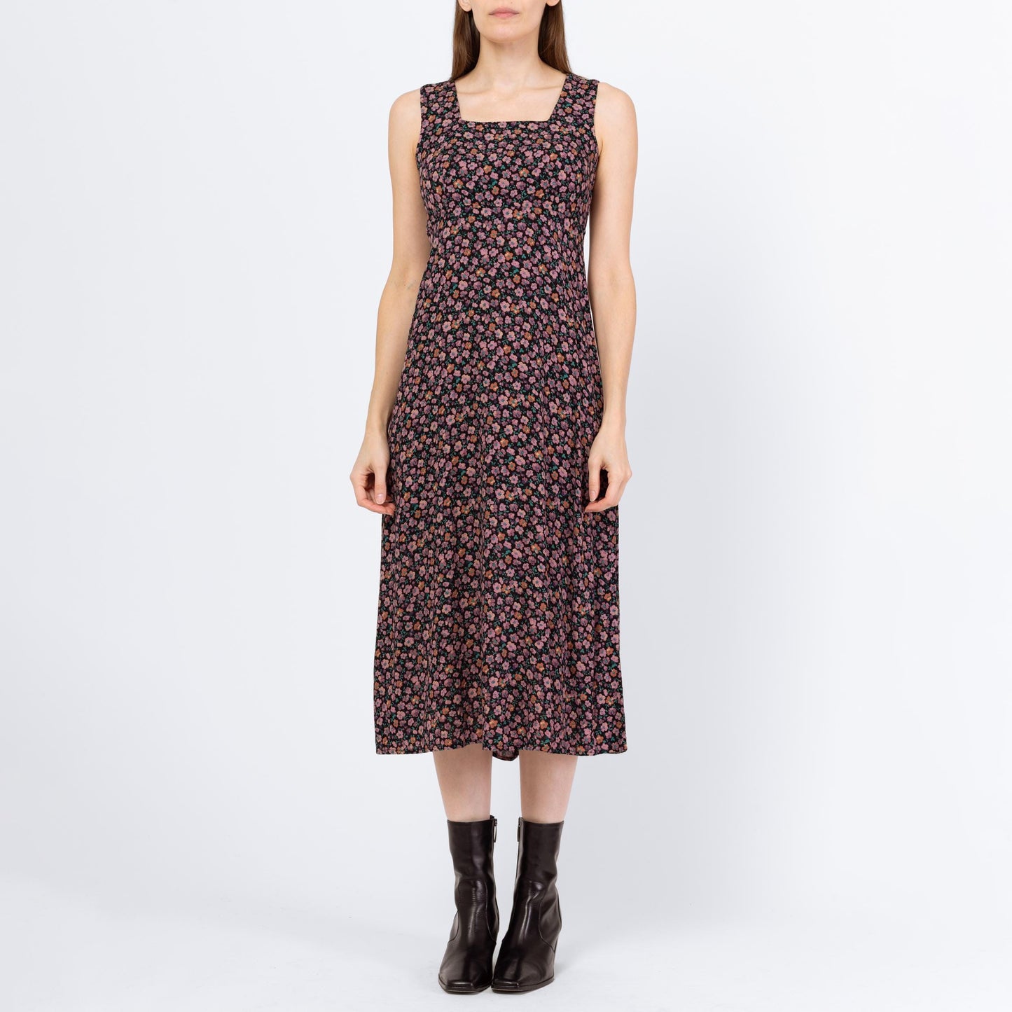 Vintage 90s Purple Ditsy Floral Babydoll Midi Dress - Small | Boho Square Neck Sleeveless Grunge Dress