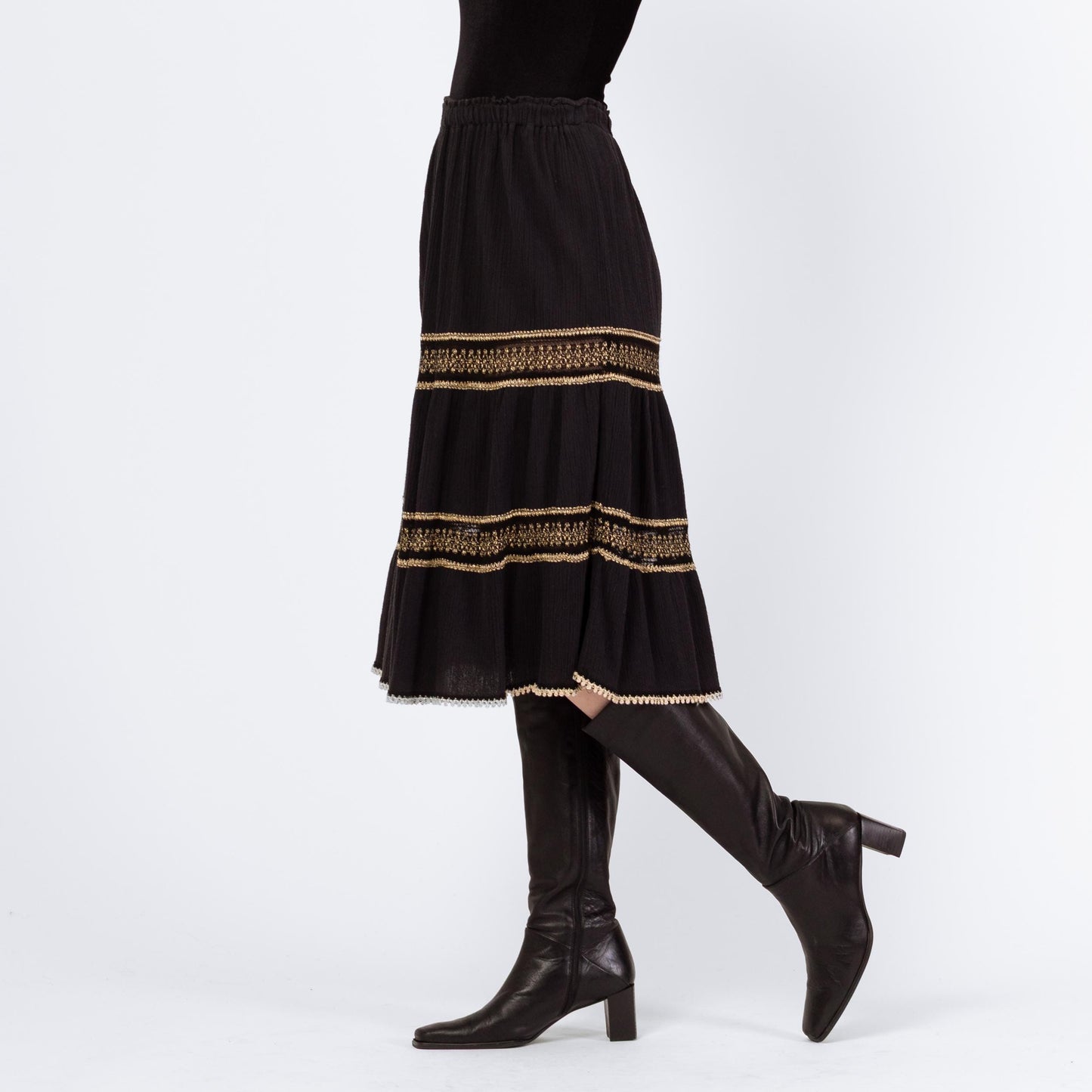 Vintage 90s Grecian Black & Gold Gauzy Skirt - XS to Large | Made In Greece Crinkle Boho Metallic Festival Midi Skirt