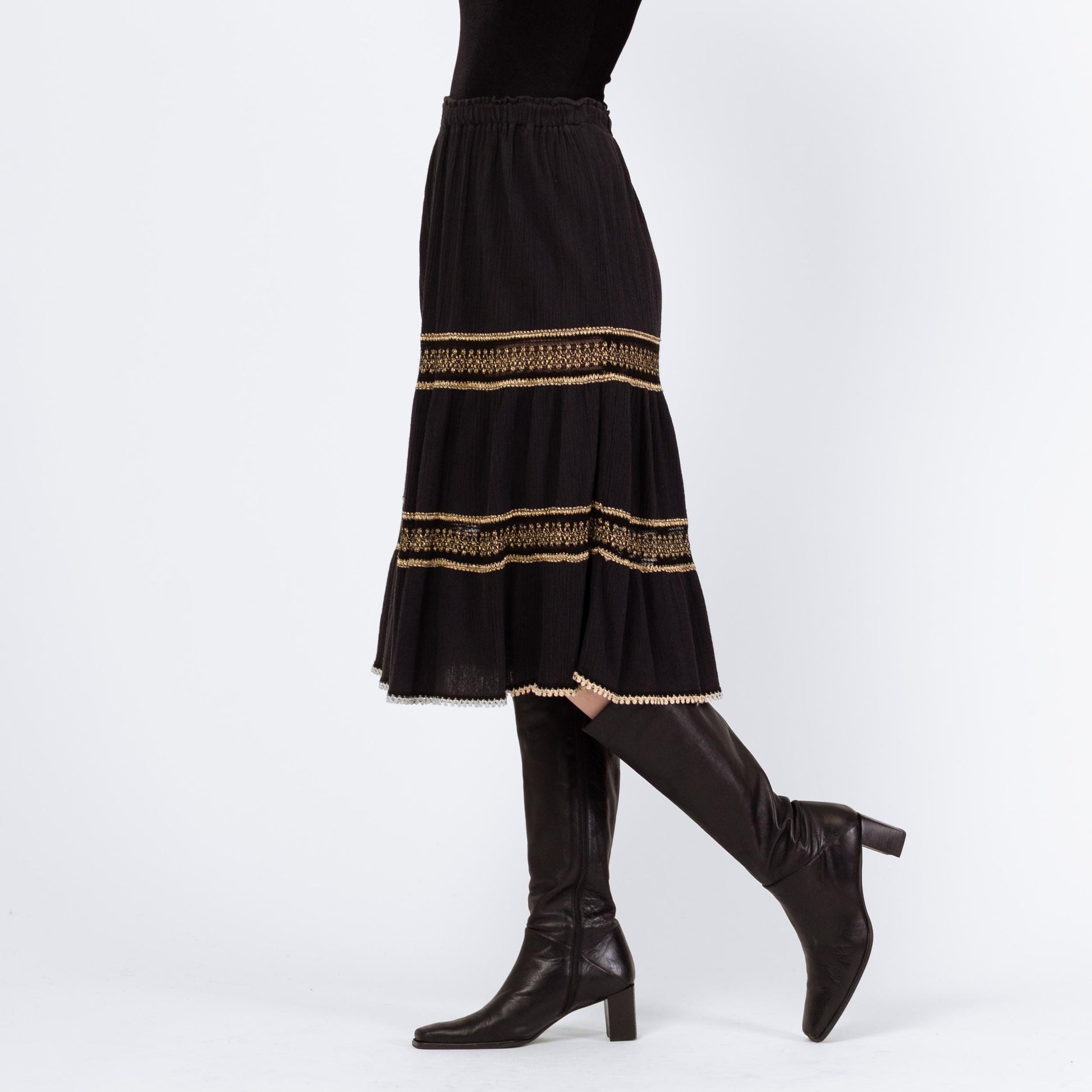 Vintage 90s Grecian Black & Gold Gauzy Skirt - XS to Large | Made In Greece Crinkle Boho Metallic Festival Midi Skirt