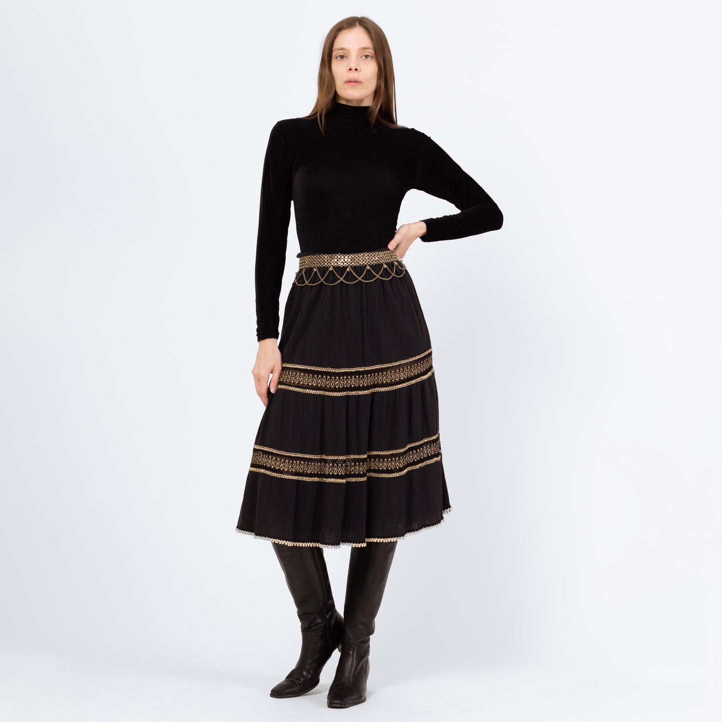 Vintage 90s Grecian Black & Gold Gauzy Skirt - XS to Large | Made In Greece Crinkle Boho Metallic Festival Midi Skirt