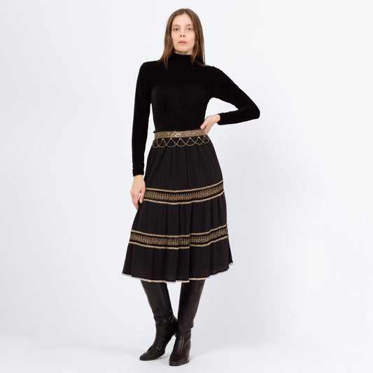 Vintage 90s Grecian Black & Gold Gauzy Skirt - XS to Large | Made In Greece Crinkle Boho Metallic Festival Midi Skirt