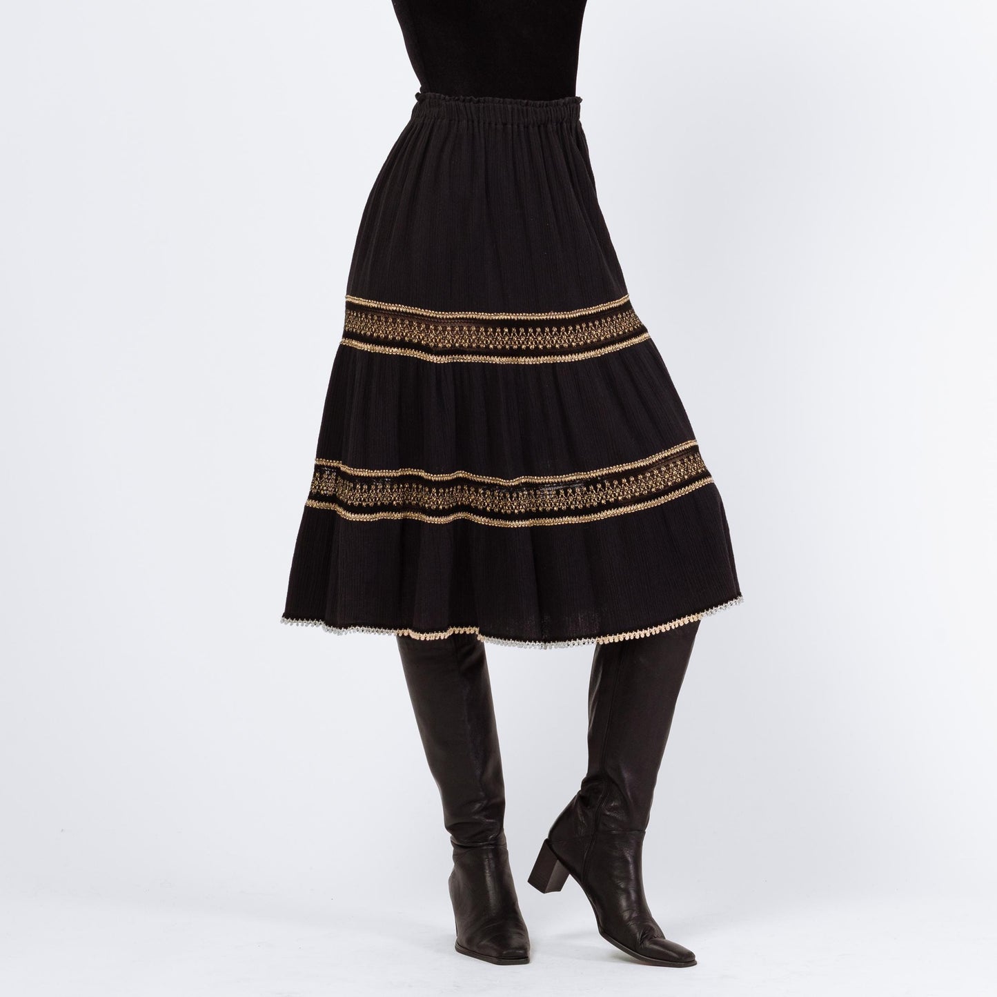 Vintage 90s Grecian Black & Gold Gauzy Skirt - XS to Large | Made In Greece Crinkle Boho Metallic Festival Midi Skirt