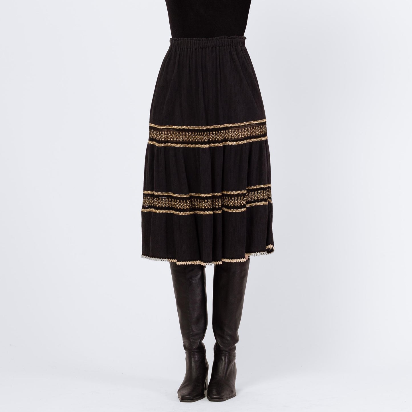 Vintage 90s Grecian Black & Gold Gauzy Skirt - XS to Large | Made In Greece Crinkle Boho Metallic Festival Midi Skirt